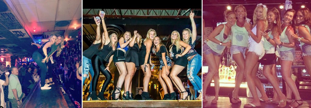 A photo collage of girls dancing on a bar at a bachelorette party