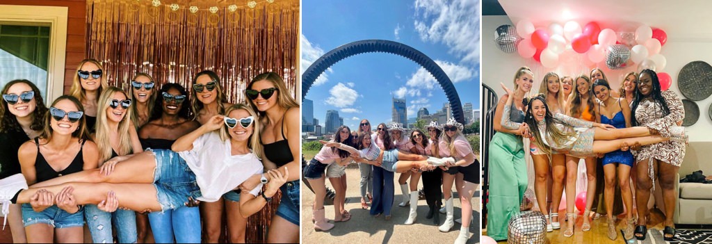 a photo collage of girls holding the bride up. This is for a bachelorette party scavenger hunt