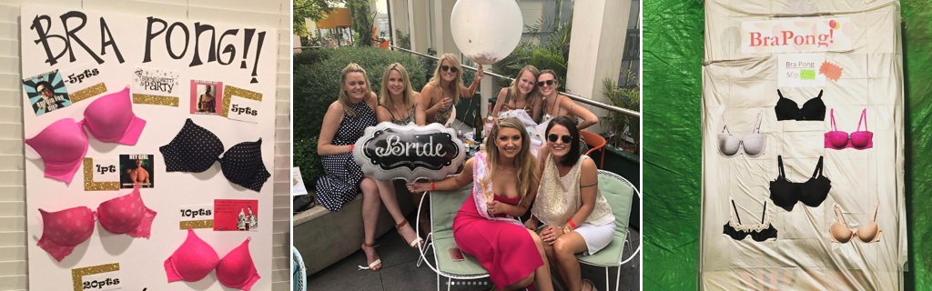 Two bra pong game set ups at bachelorette parties. Plus the photo shows a group of girls posing at the party.