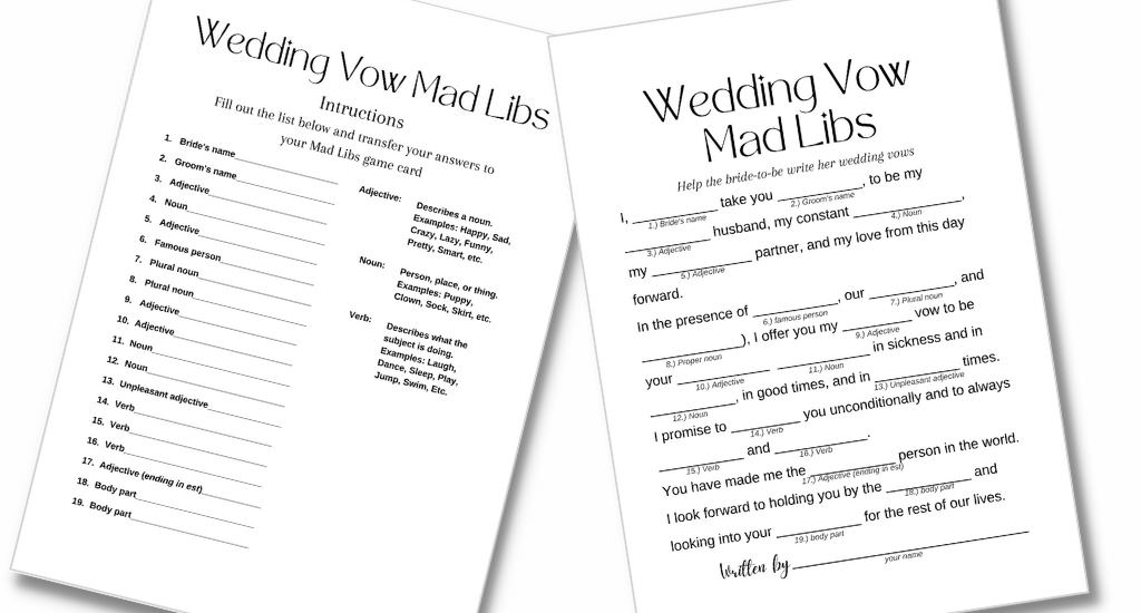 A bridal shower mad libs game card and the answer key card