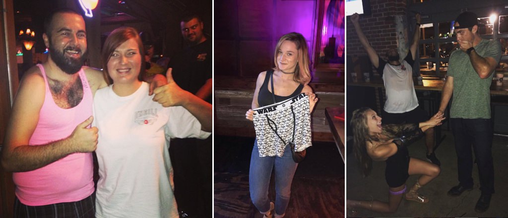 a photo collage of funny ideas for a bachelorette party scavenger hunt. This shows a bridesmaid holding up a strangers boxers and a girl asking a stranger to marry her
