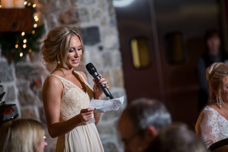 A Maid of Honor giving a toast to the bride. This is for an article called how to end a maid of honor speech