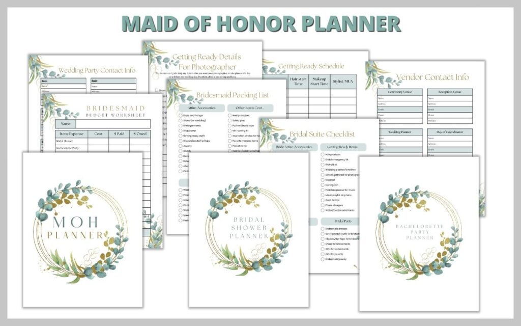 A green floral maid of honor planner laid out with a white background