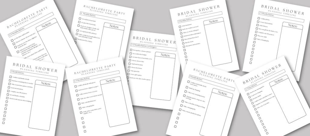 A pile of bachelorette party planner pages and bridal shower planner pages laid out on a gray background