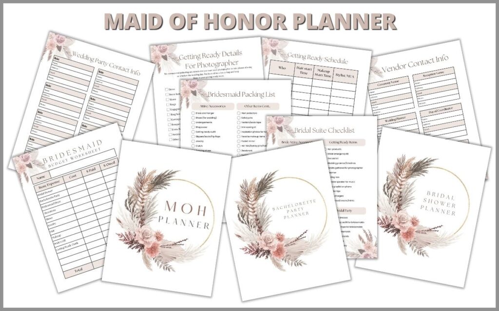 A photo collage showing multiple pages of a maid of honor planner with a pink floral design