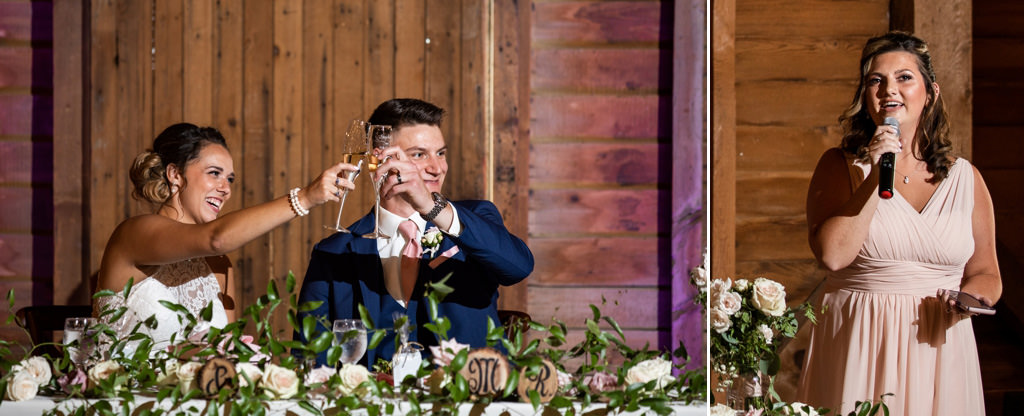 A maid of honor giving a speech and couple clinking their glasses