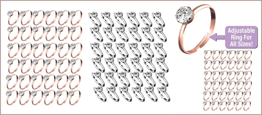 diamond plastic rings for bridal shower games. This photos shows about 100 rings in silver and rose gold