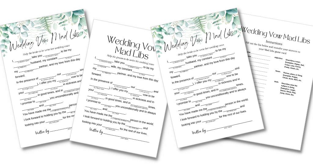 A bunch of Mad Libs game cards on a table. This is for the article called printable bridal shower games