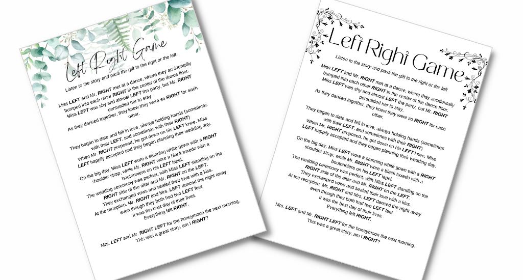 Two Right Left bridal shower game cards with a poem written on them. These two cards have a white background