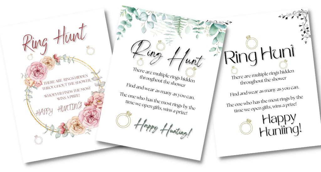 Three ring hunt bridal shower game signs with a white background