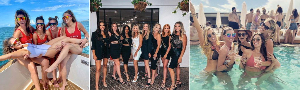 3 different bachelorette parties posing for the camera.