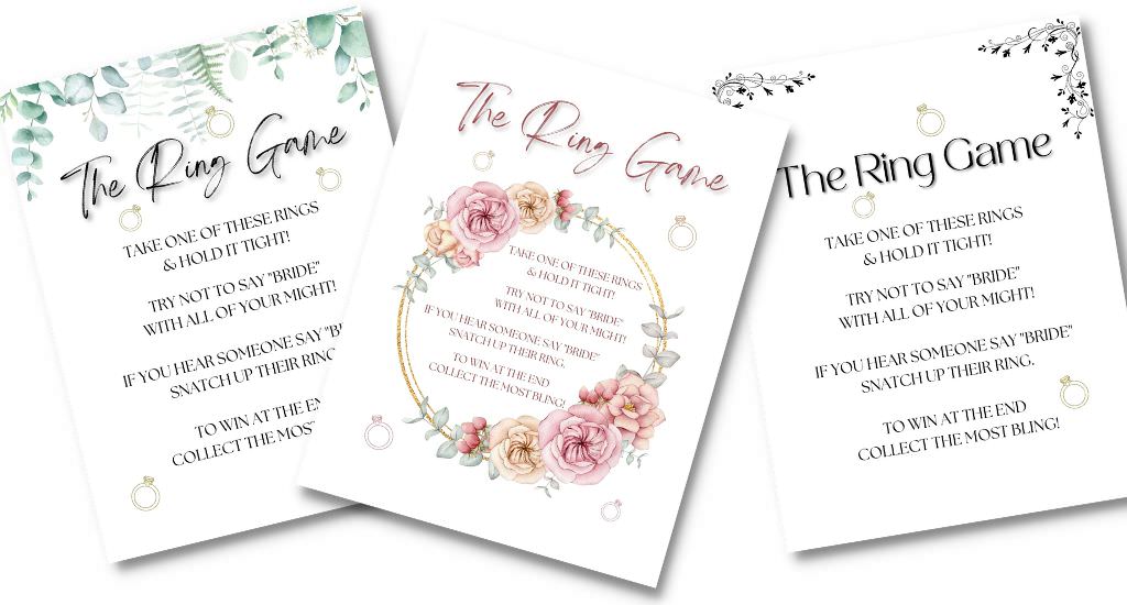 Three different bridal shower ring game cards with a white background