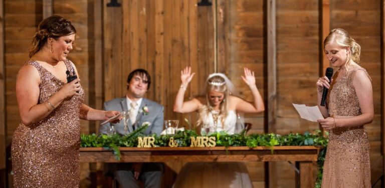 2 Maid of Honors giving a wedding speech. This is the cover photo for the article called can you have two maids of honor