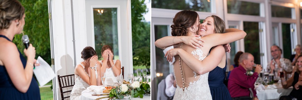 A Maid of Honor giving her speech to the bride and her partner. One photo shows the two brides covering their faces and the other photo shots the bride hugging the MOH after the toast.