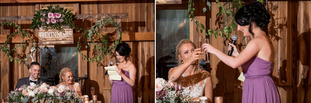 A Maid of honor and bride touching glasses during the toast.