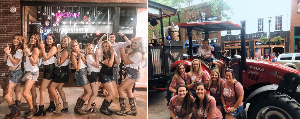 A bachelorette party riding on the Big Party Tractor in Nashville, TN