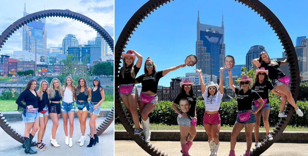 A bachelorette party posing with The Cumberland Gear Ring in Nashville, TN