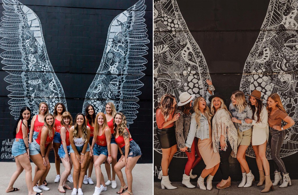 Bachelorette parties posing in front of the WhatLiftsYou wings mural in Nashville, TN. This is for the article called Nashville bachelorette scavenger hunt ideas