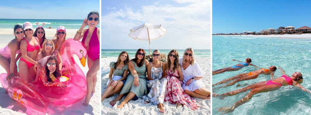 A collage of photos showing 3 bachelorette parties along 30A in Florida. All 3 photos show girls playing at the beach