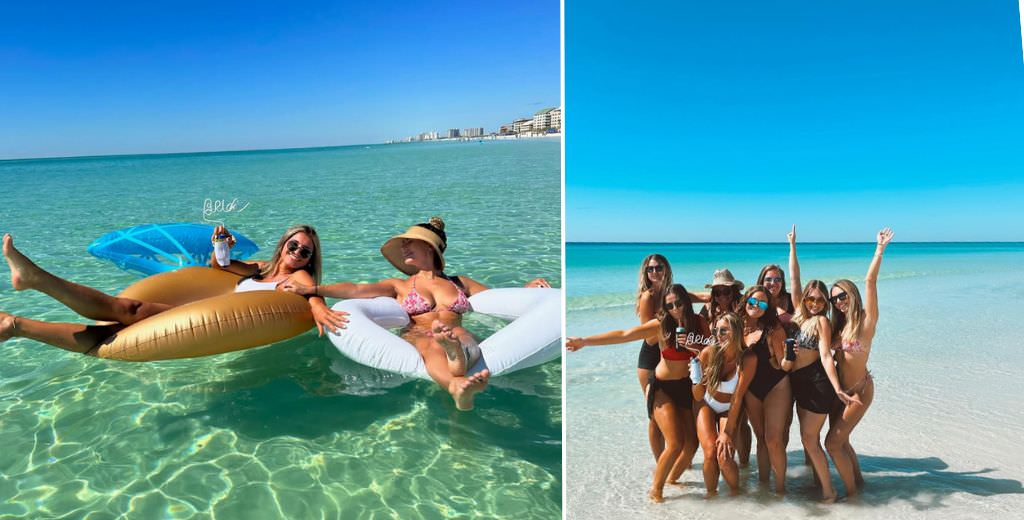 A group of girls floating in tubes in the ocean in Destin, FL. The other image shows a bachelorette party posing for a photo at the beach.