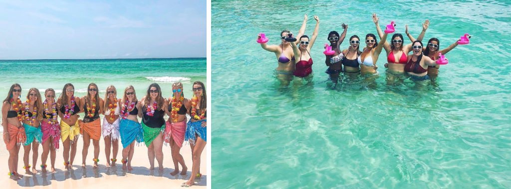 A bachelorette party on the beach in Destin, FL. This photo shows a group of girls posing in the clear water. This is for the article called best places in Florida for a bachelorette party
