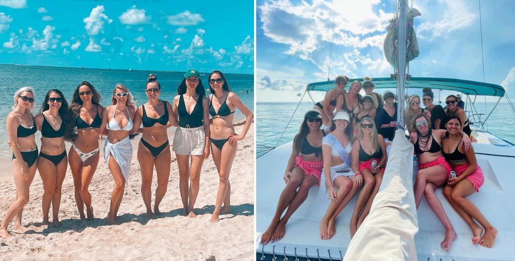 A group of girls posing for bachelorette party photos on a boat and at the beach in Key West, FL