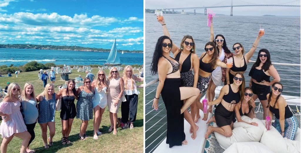 Two groups of girls celebrating a bachelorette party in Newport Rhode Island. One group is on a boat and the other group is on the beach
