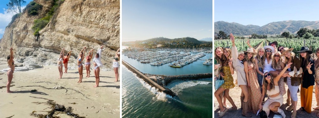 A photo collage of santa barbara bachelorette parties in CA. One photo shows girls doing yoga on the beach. Another is a drone shot of the beach. And another is a group of girls at a winery.
