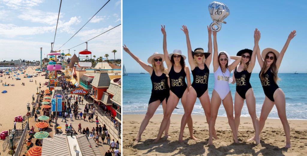 A bachelorette party posing on the beach boardwalk in Santa Cruz, CA. This is for the article called best beach bachelorette party destinations