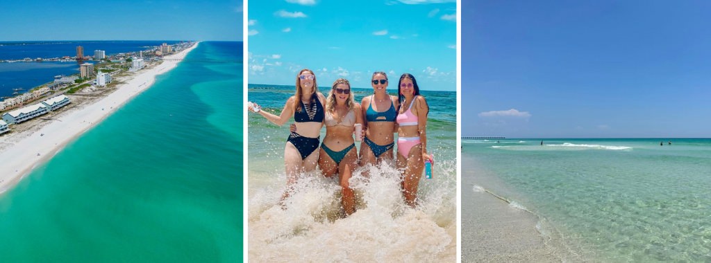A group of girls posing for a photo on the beach during a bachelorette party.