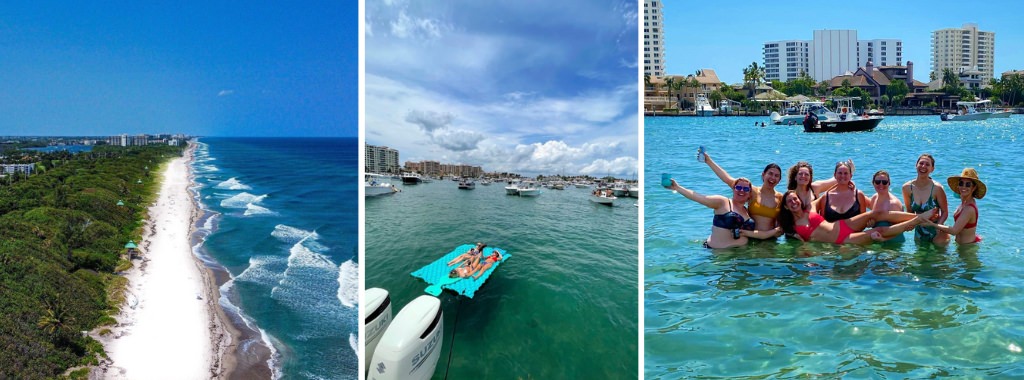 A bachelorette party in Boca Raton, FL. This photo shows a group of girls in the ocean and a drone photo of the beach.