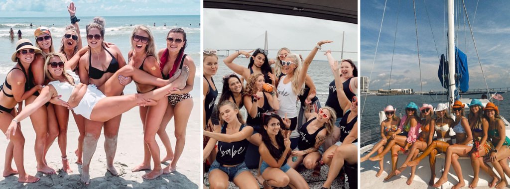 A photo collage of bachelorette parties on the beach in Charleston