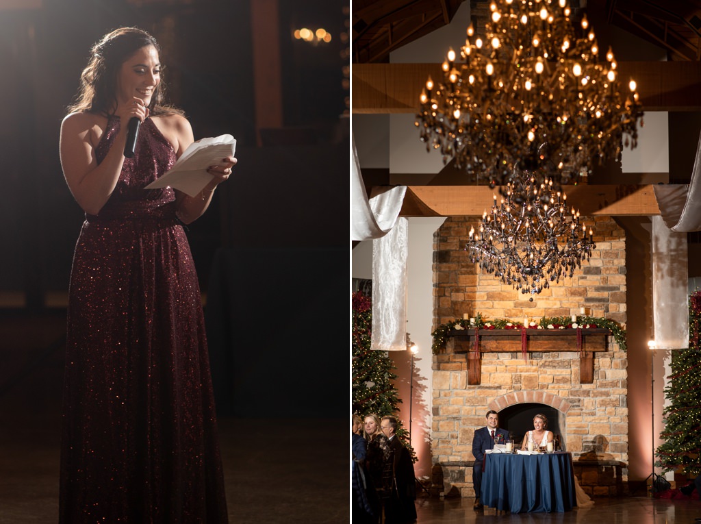 A bride and groom smiling as the Maid of Honor gives her speech