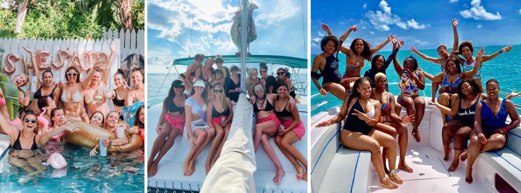 A collage of photos of different bachelorette parties in the Florida Keys
