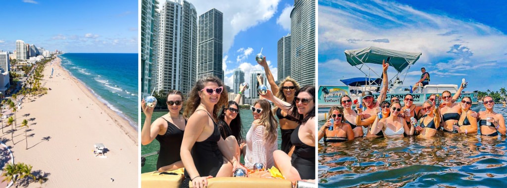 A bachelorette part in Fort Lauderdale, FL. This shows a group of girls on a boat and a group of girls in the ocean