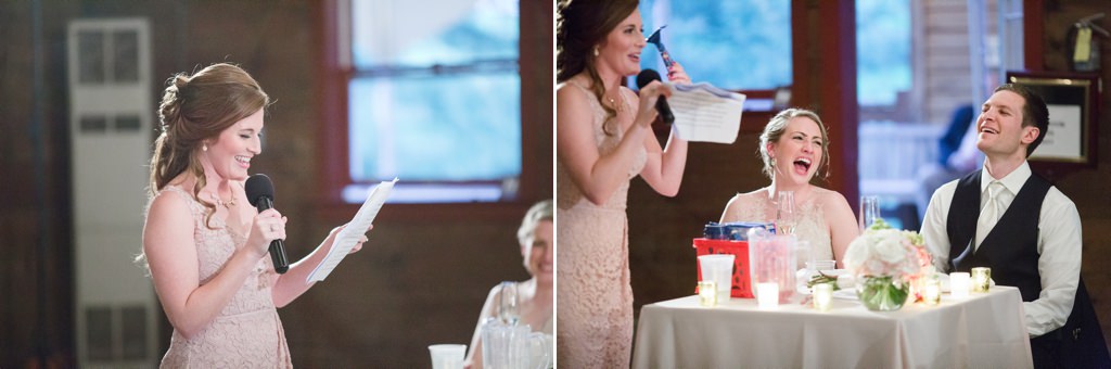 A bride laughing at a funny Maid of Honor speech