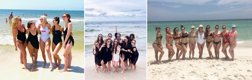 A bachelorette party in gulf shores AL. This photos shows a group of girls posing on the beach.