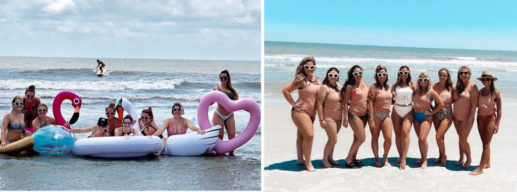 Two bachelorette party groups poing on the beach in Hilton Head Island, South Carolina