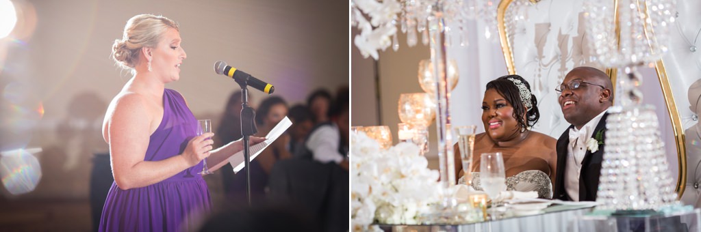 A Maid of Honor giving a funny speech. The couple is laughing at one of the funny quotes that she used.