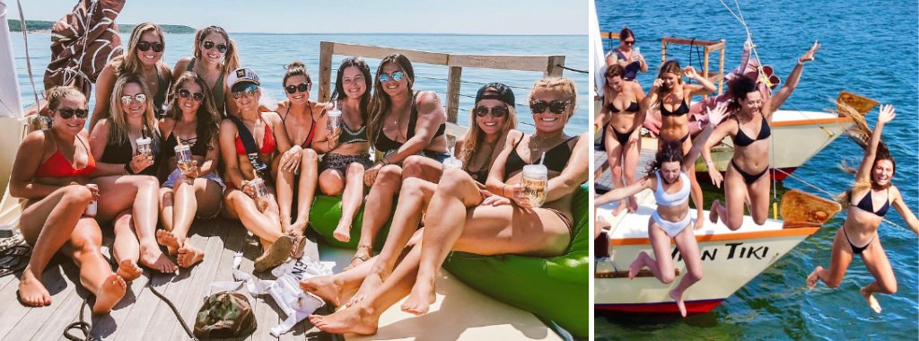 Two bachelorette parties posing on a boat in Montauk, NY