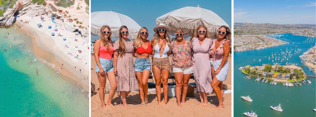 A group of girls posing on the beach during a bachelorette party