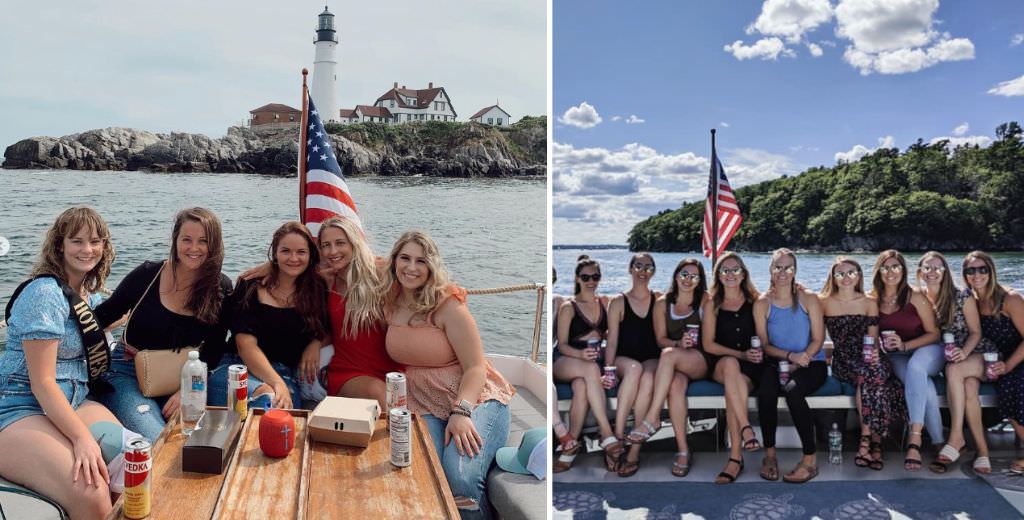 A bachelorette party group posing for photos on a boat in Portland Maine