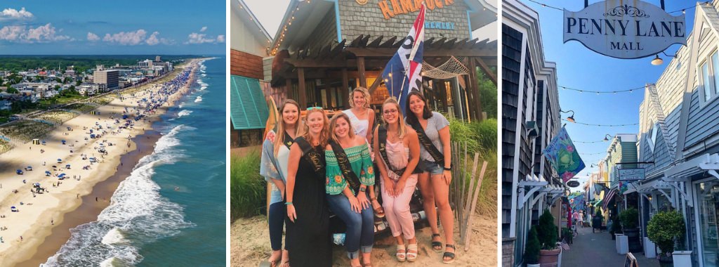 A bachelorette party group posing for photos in Rehoboth Beach, DE