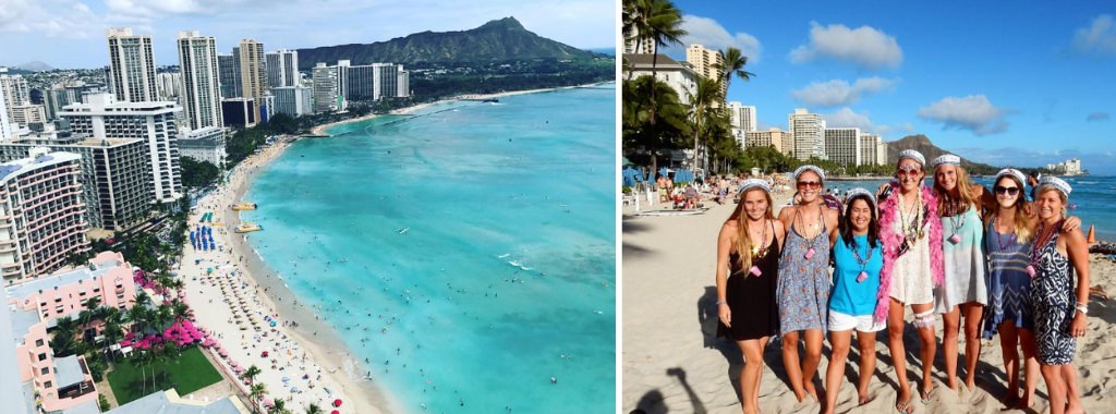 A bachelorette party group posing on the beach in waikiki, HI on the island of Oahu