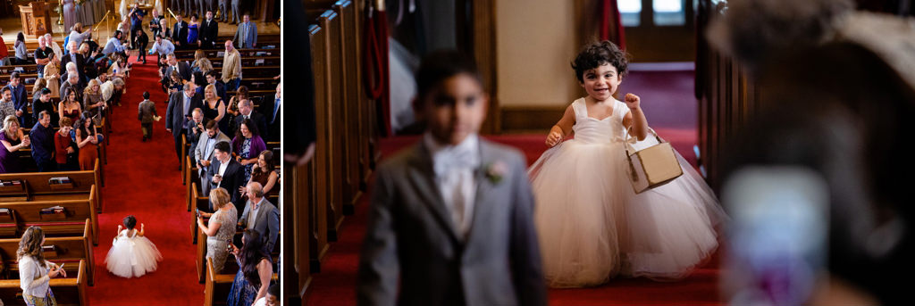 A cute flower girl walking down the aisle with a flower basket
