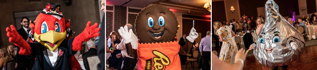 The Red Robin mascot and The Hersheypark mascots dancing at a wedding