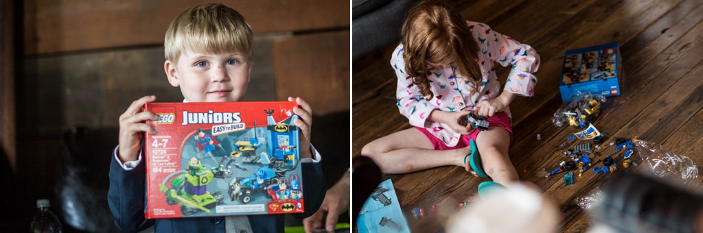 A ring bearer and flower girl with legos on the wedding day