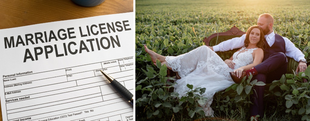 A couple posing for the camera with another photo showing a close up of a marriage certificate or marriage license