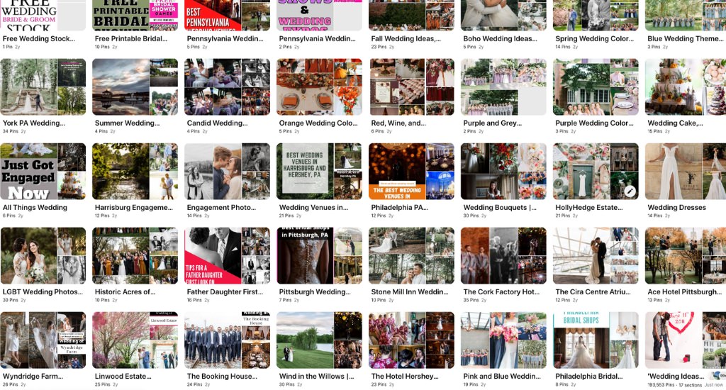 A bunch of Pinterest boards for wedding planning. This is for the article called How To Plan A Wedding