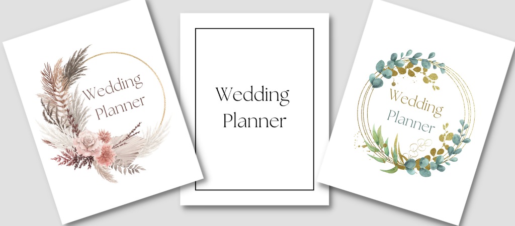 Three printable wedding planners on a gray background